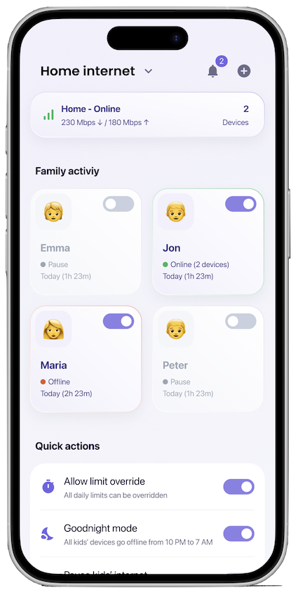 App Dashboard: Family activity and quick actions.
