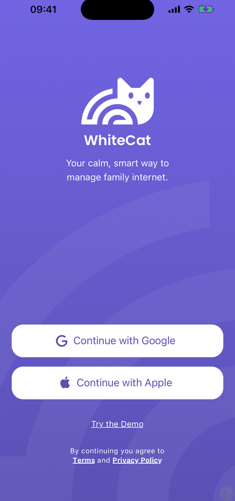 The welcome screen — sign in with Google or Apple